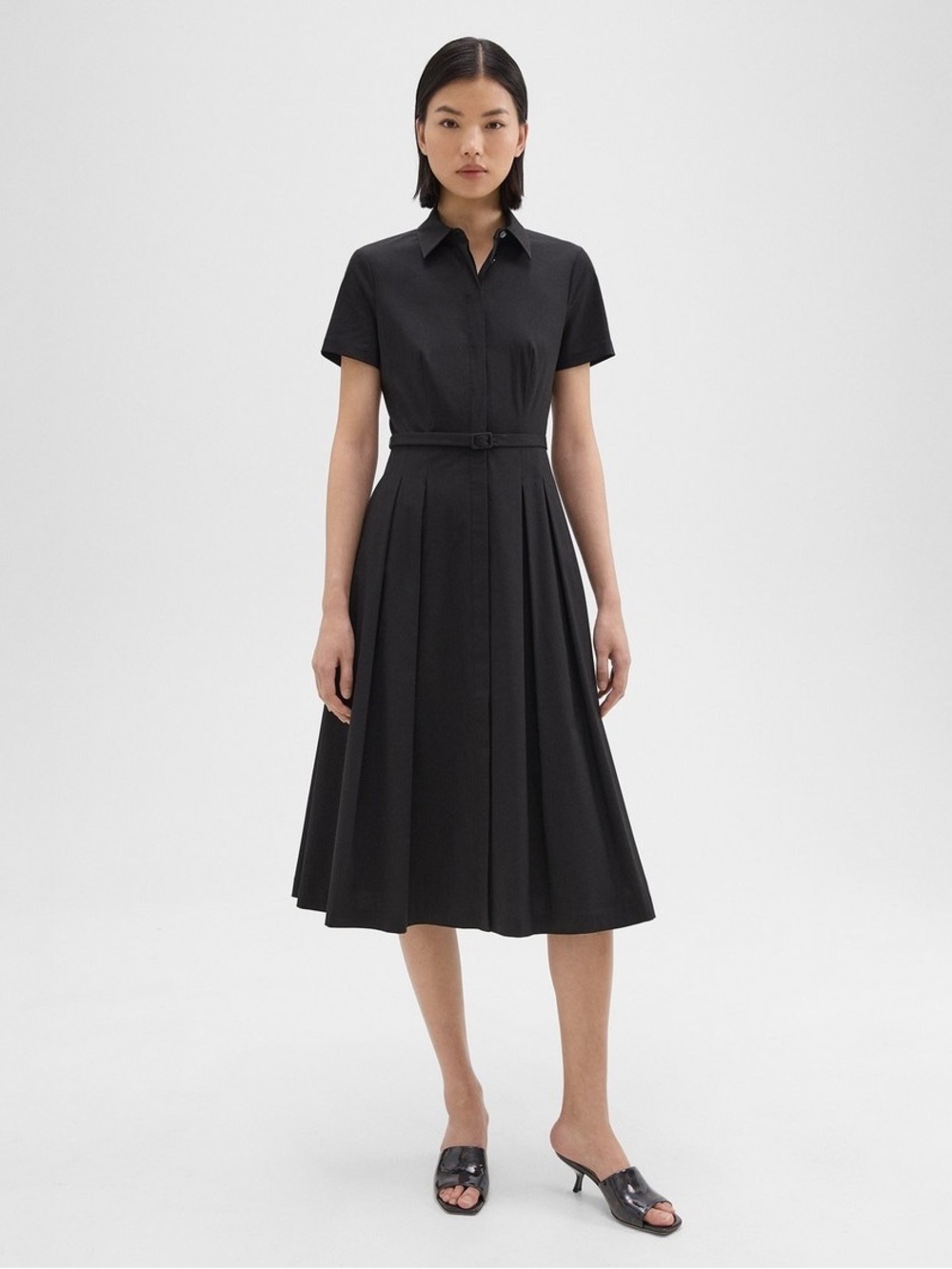 Theory Black Short-Sleeve Shirt Dress with Belt